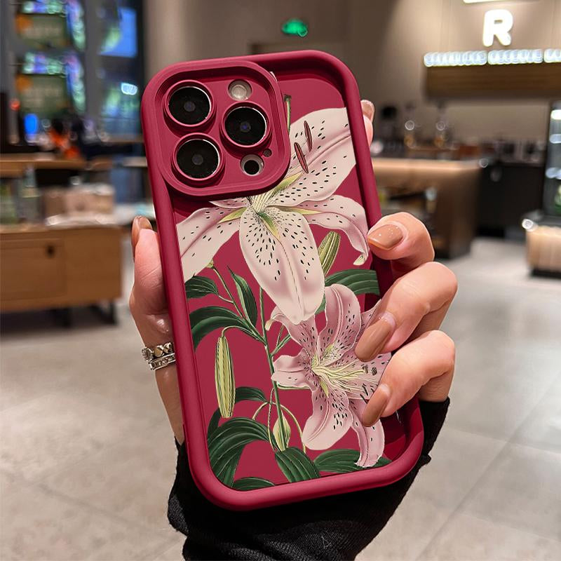 Vintage Floral Lily Pattern TPU Phone Case for Iphone 16 15 14 Pro Max 13 12 11 XR XS plus Shockproof Drop Protection Rugged Durable Silicone Cover Cellphone Protective Flower Casing
