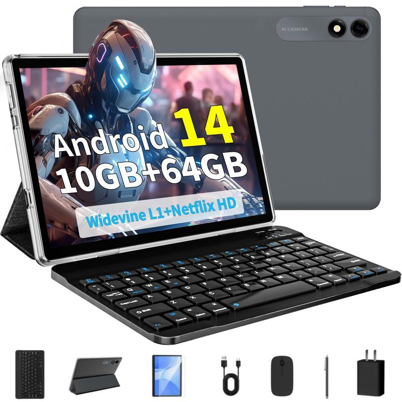 Android 14 Tablet 10.1 HD IPS Screen,10Gb RAM 64GB Rom,Octa-Core Fast Performance,6000Mah Battery,Dual Camera, Perfect for Work & Play,Gift with Keyboardmouse, Case, Stylus, Ample Storage Supportingmultitasking