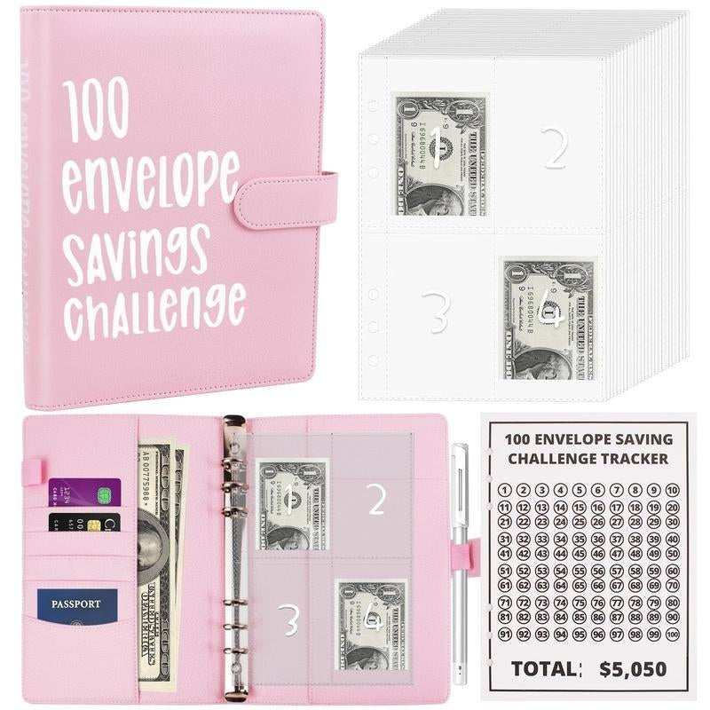 100 Envelopes Money Saving Challenge - A5 Money Saver Budget Binder Book with Cash Envelopes and Numbers, 100-Days of Easy and Funny Ways to save $5,050 Cash Envelope Challenge Binder, Pink