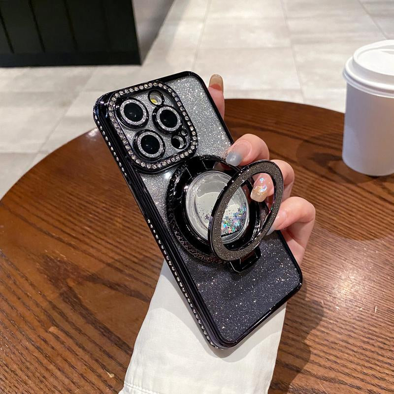 Glitter Kickstand Case for Iphone 16 15 14 13 12 Pro Max Luxury Bling Sparkly Diamond Rhinestone with Camera Protector Liquid Flowing Ring Stand TPU Bumper Case for Women Girls