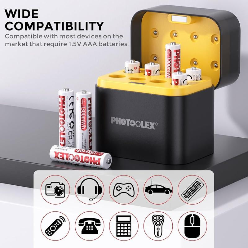 PHOTOOLEX Rechargeable AAA Batteries Lithium 8 Pack with Fast Charger,1300Mwh 1.5V Constant Output Triple a Lithium Batteries 1600 Cycles Long Lasting Imuto