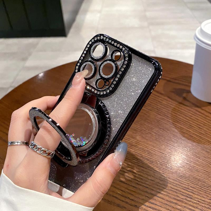 Glitter Kickstand Case for Iphone 16 15 14 13 12 Pro Max Luxury Bling Sparkly Diamond Rhinestone with Camera Protector Liquid Flowing Ring Stand TPU Bumper Case for Women Girls