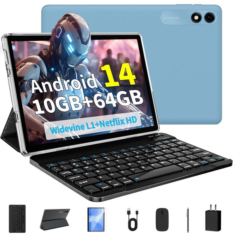Android 14 Tablet 10.1 HD IPS Screen,10Gb RAM 64GB Rom,Octa-Core Fast Performance,6000Mah Battery,Dual Camera, Perfect for Work & Play,Gift with Keyboardmouse, Case, Stylus, Ample Storage Supportingmultitasking