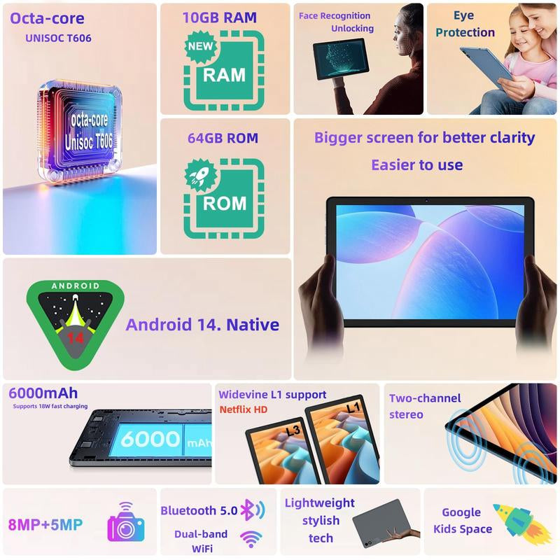 Android 14 Tablet 10.1 HD IPS Screen,10Gb RAM 64GB Rom,Octa-Core Fast Performance,6000Mah Battery,Dual Camera, Perfect for Work & Play,Gift with Keyboardmouse, Case, Stylus, Ample Storage Supportingmultitasking