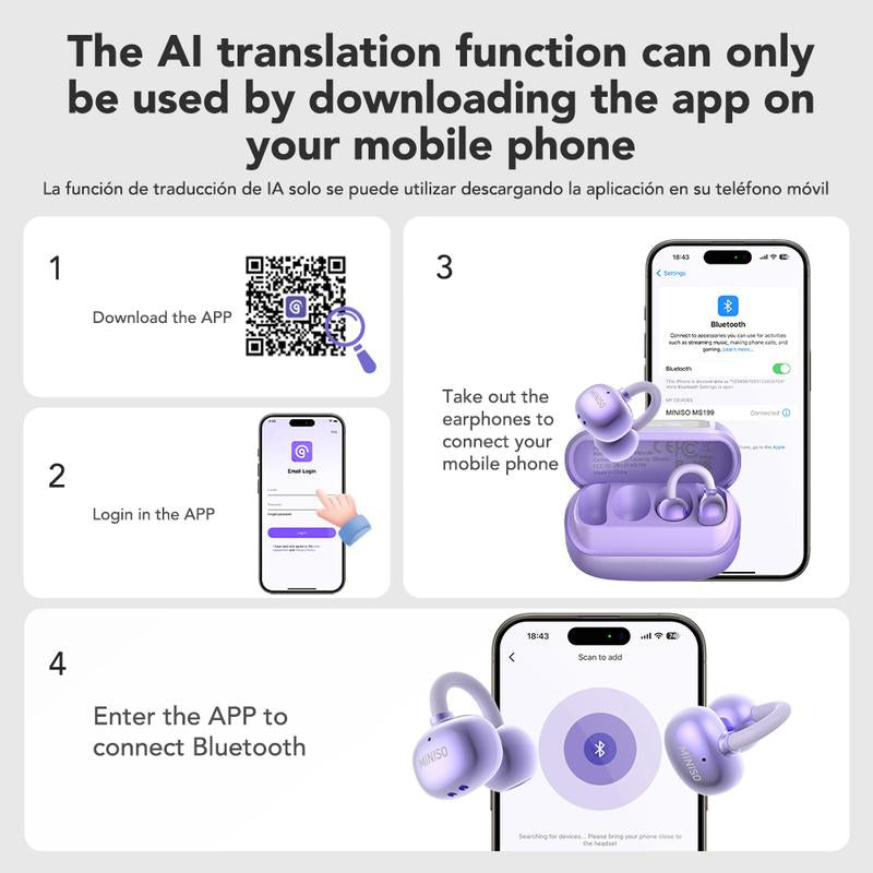 MINISO MS199 Translation Clip on Ear Headphones Full Color Touch Screen, Audio Wireless Headphones Support 135 Languages Real Time Bluetooth Translation Built-In Microphone for Music & Phone Calls,Sport Waterproof & Sweatproof
