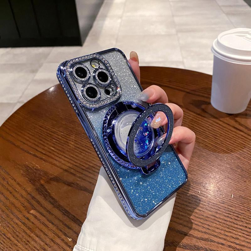 Glitter Kickstand Case for Iphone 16 15 14 13 12 Pro Max Luxury Bling Sparkly Diamond Rhinestone with Camera Protector Liquid Flowing Ring Stand TPU Bumper Case for Women Girls