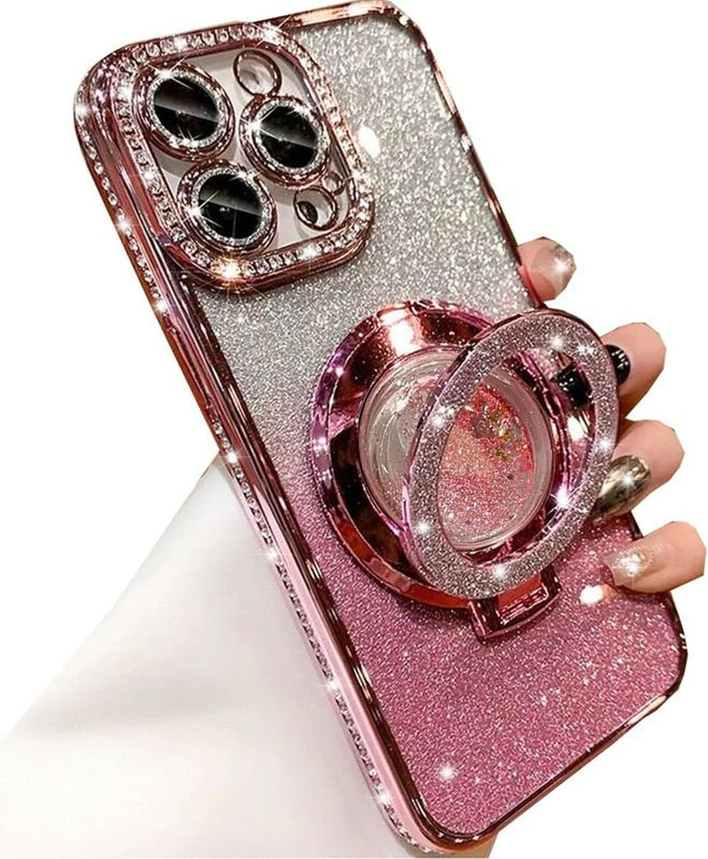 Glitter Kickstand Case for Iphone 16 15 14 13 12 Pro Max Luxury Bling Sparkly Diamond Rhinestone with Camera Protector Liquid Flowing Ring Stand TPU Bumper Case for Women Girls