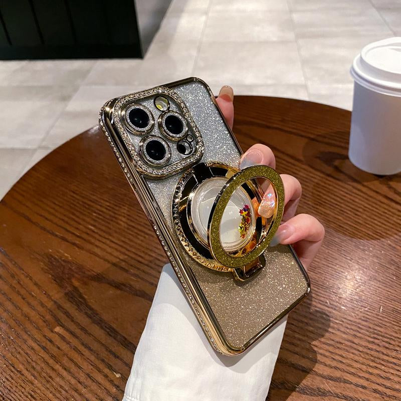Glitter Kickstand Case for Iphone 16 15 14 13 12 Pro Max Luxury Bling Sparkly Diamond Rhinestone with Camera Protector Liquid Flowing Ring Stand TPU Bumper Case for Women Girls