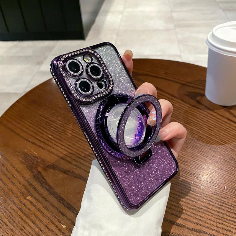 Glitter Kickstand Case for Iphone 16 15 14 13 12 Pro Max Luxury Bling Sparkly Diamond Rhinestone with Camera Protector Liquid Flowing Ring Stand TPU Bumper Case for Women Girls