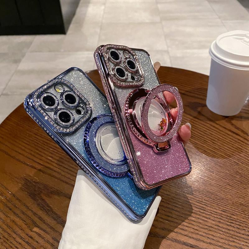 Glitter Kickstand Case for Iphone 16 15 14 13 12 Pro Max Luxury Bling Sparkly Diamond Rhinestone with Camera Protector Liquid Flowing Ring Stand TPU Bumper Case for Women Girls