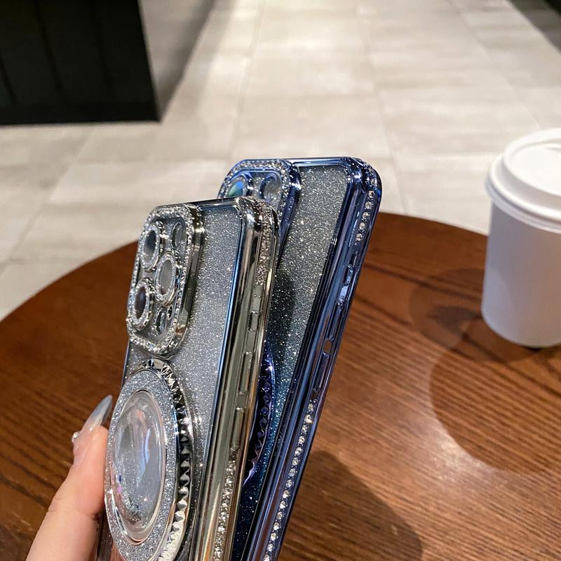 Glitter Kickstand Case for Iphone 16 15 14 13 12 Pro Max Luxury Bling Sparkly Diamond Rhinestone with Camera Protector Liquid Flowing Ring Stand TPU Bumper Case for Women Girls