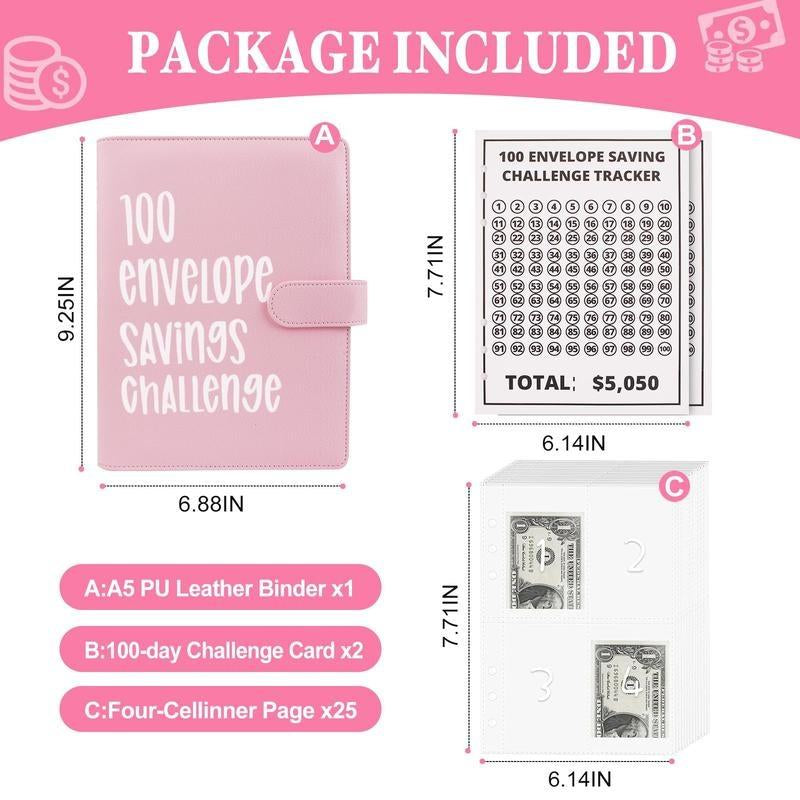 100 Envelopes Money Saving Challenge - A5 Money Saver Budget Binder Book with Cash Envelopes and Numbers, 100-Days of Easy and Funny Ways to save $5,050 Cash Envelope Challenge Binder, Pink