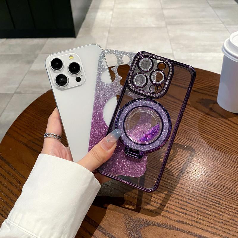 Glitter Kickstand Case for Iphone 16 15 14 13 12 Pro Max Luxury Bling Sparkly Diamond Rhinestone with Camera Protector Liquid Flowing Ring Stand TPU Bumper Case for Women Girls
