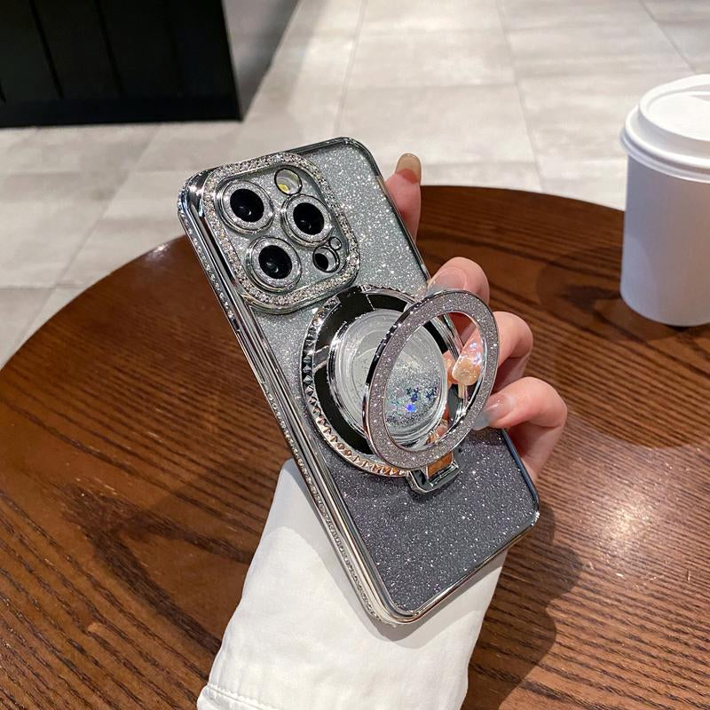 Glitter Kickstand Case for Iphone 16 15 14 13 12 Pro Max Luxury Bling Sparkly Diamond Rhinestone with Camera Protector Liquid Flowing Ring Stand TPU Bumper Case for Women Girls
