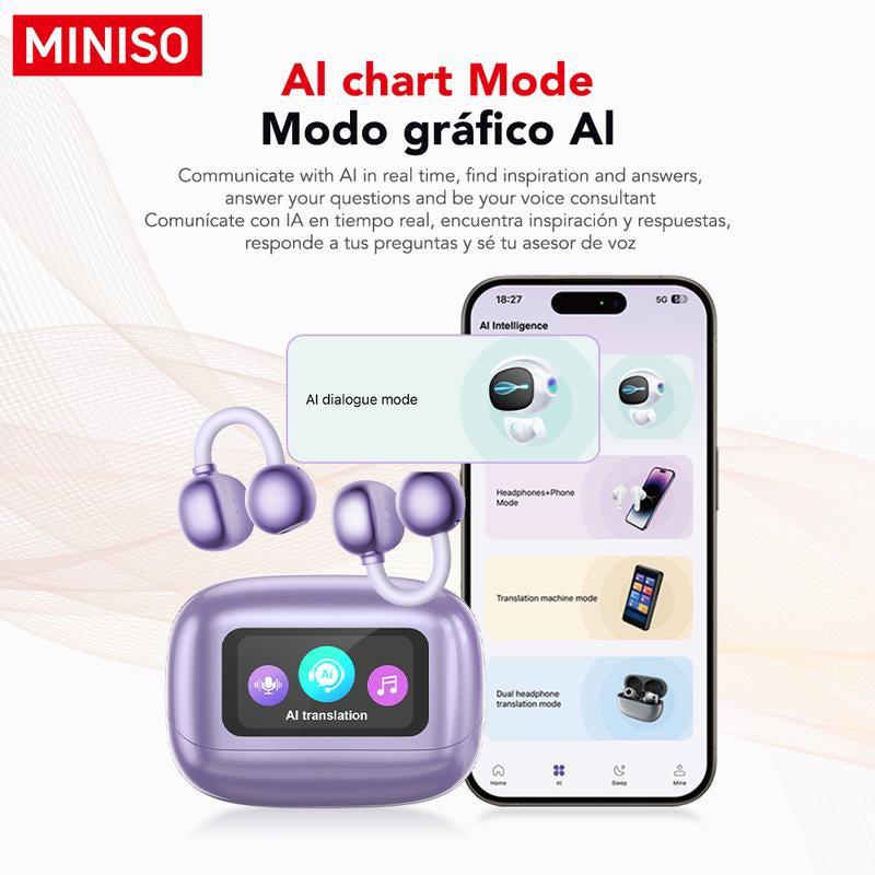 MINISO MS199 Translation Clip on Ear Headphones Full Color Touch Screen, Audio Wireless Headphones Support 135 Languages Real Time Bluetooth Translation Built-In Microphone for Music & Phone Calls,Sport Waterproof & Sweatproof