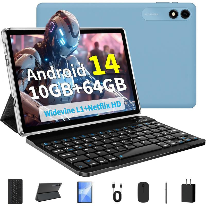 Android 14 Tablet 10.1 HD IPS Screen,10Gb RAM 64GB Rom,Octa-Core Fast Performance,6000Mah Battery,Dual Camera, Perfect for Work & Play,Gift with Keyboardmouse, Case, Stylus, Ample Storage Supportingmultitasking