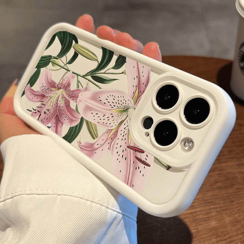 Vintage Floral Lily Pattern TPU Phone Case for Iphone 16 15 14 Pro Max 13 12 11 XR XS plus Shockproof Drop Protection Rugged Durable Silicone Cover Cellphone Protective Flower Casing