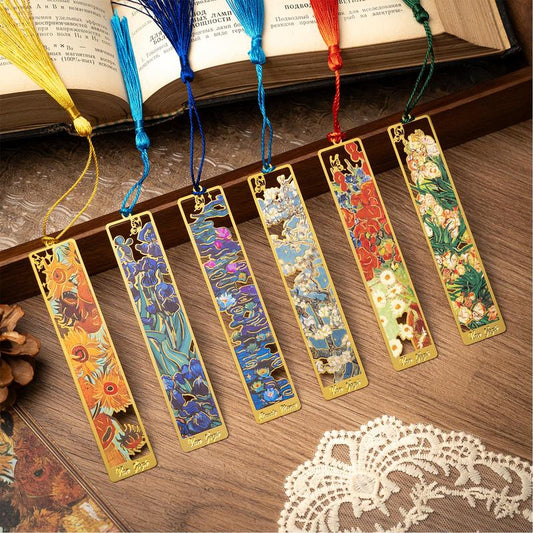 6 Pieces Metal Bookmarks with Tassel, Van Gogh Monet Flower Painting Themed Book Mark for Reading Women, Golden Hollow Bookmark for Book Lovers Writers Children Teens Men Decoration