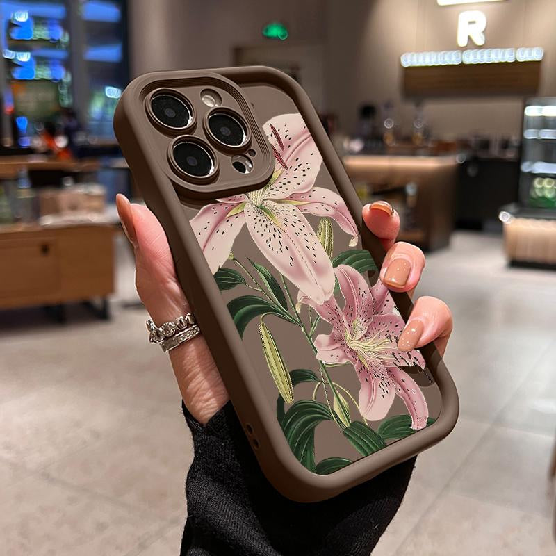 Vintage Floral Lily Pattern TPU Phone Case for Iphone 16 15 14 Pro Max 13 12 11 XR XS plus Shockproof Drop Protection Rugged Durable Silicone Cover Cellphone Protective Flower Casing