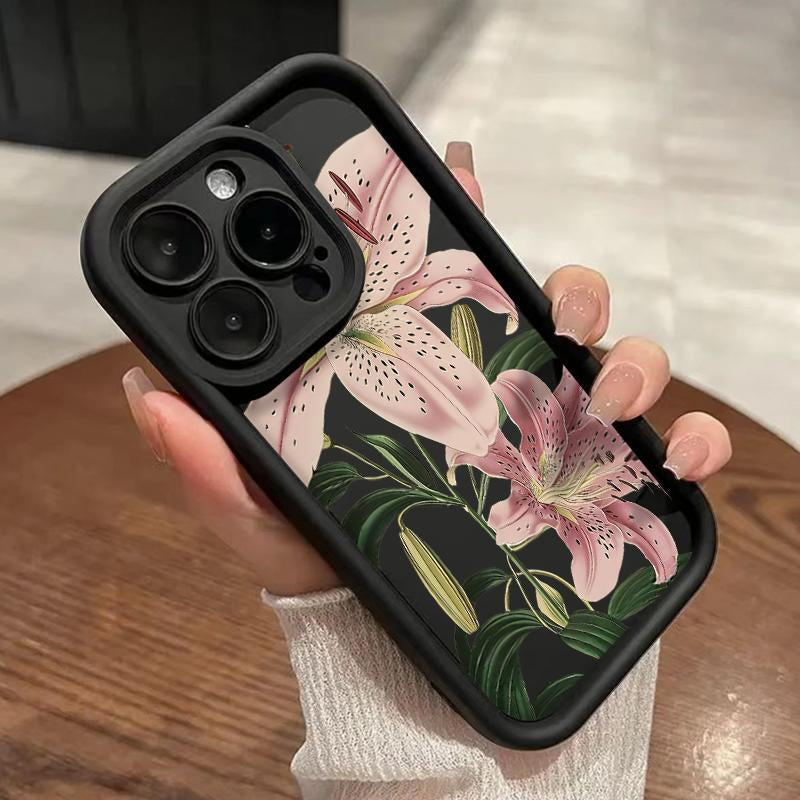Vintage Floral Lily Pattern TPU Phone Case for Iphone 16 15 14 Pro Max 13 12 11 XR XS plus Shockproof Drop Protection Rugged Durable Silicone Cover Cellphone Protective Flower Casing