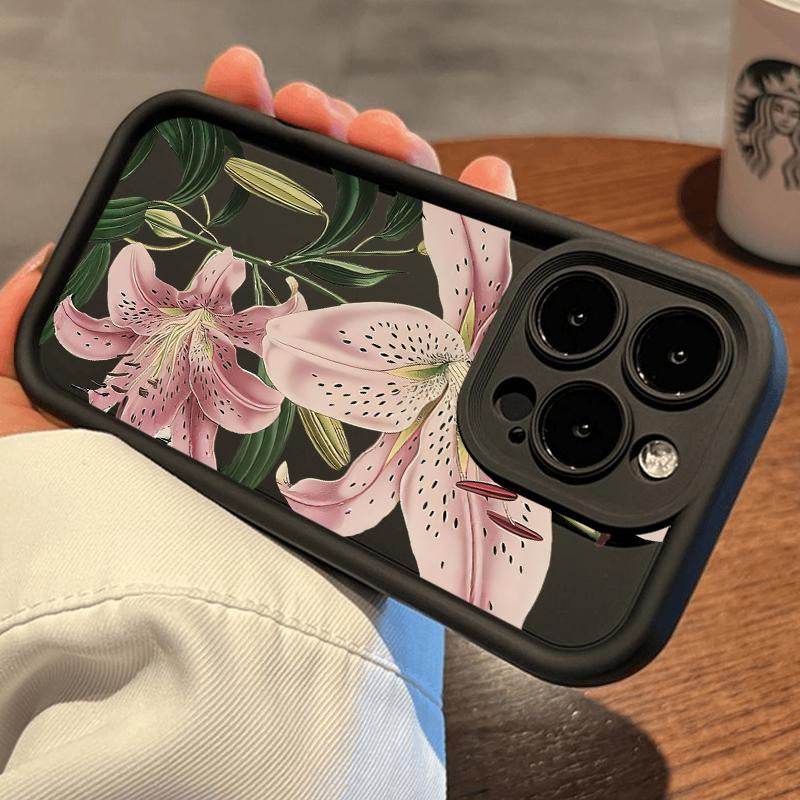 Vintage Floral Lily Pattern TPU Phone Case for Iphone 16 15 14 Pro Max 13 12 11 XR XS plus Shockproof Drop Protection Rugged Durable Silicone Cover Cellphone Protective Flower Casing