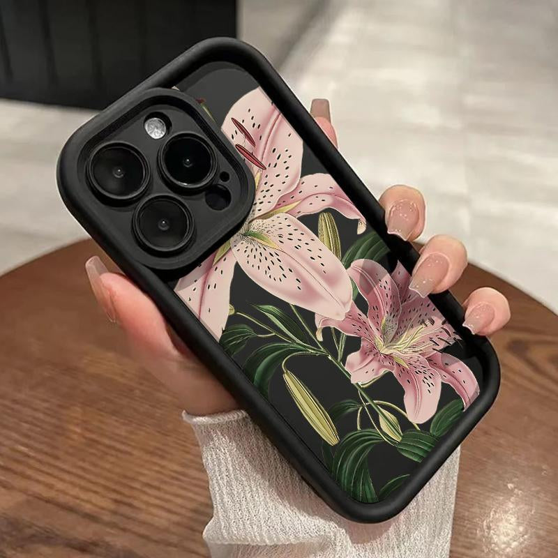 Vintage Floral Lily Pattern TPU Phone Case for Iphone 16 15 14 Pro Max 13 12 11 XR XS plus Shockproof Drop Protection Rugged Durable Silicone Cover Cellphone Protective Flower Casing
