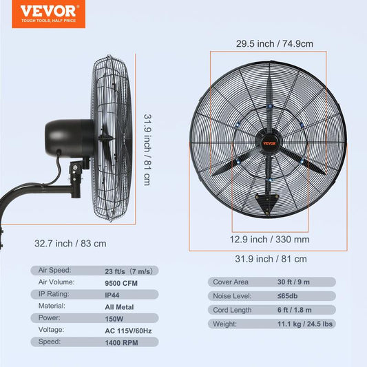 VEVOR Wall-Mount Misting Fan, 30 Inch, 3-Speed High Velocity Max. 9500 CFM, Waterproof Oscillating Industrial Wall Fan, Commercial or Residential for Warehouse, Greenhouse, Workshop, Black, ETL Listed