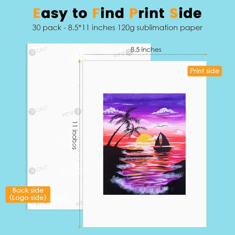 Sublimation Paper 8.5 X 11 Inches - 30 Sheets Sublimation Transfer Paper Compatible with Inkjet Printer, Easy to Transfer 120 Gsm Sublimination Paper for Tumblers, T-Shirts, Mugs