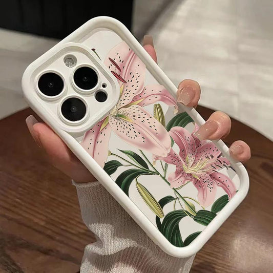 Vintage Floral Lily Pattern TPU Phone Case for Iphone 16 15 14 Pro Max 13 12 11 XR XS plus Shockproof Drop Protection Rugged Durable Silicone Cover Cellphone Protective Flower Casing
