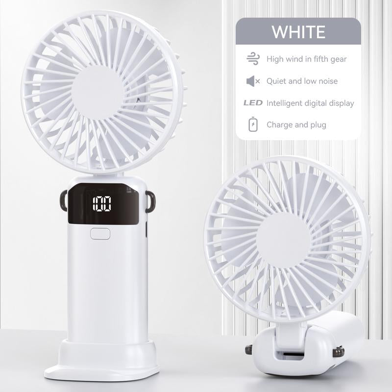 USB Handheld Fan,Portable Fan,1500Mah Rechargeable,180° Foldable Mini Desk Fan with 5 Wind Speed, LCD Digital Remaining Battery Display, Lanyard as Neck Fan, Quiet, Pocket Size for Indoor Outdoor,Can Add Aromatherapy Perfume , with Phone Holder Hand
