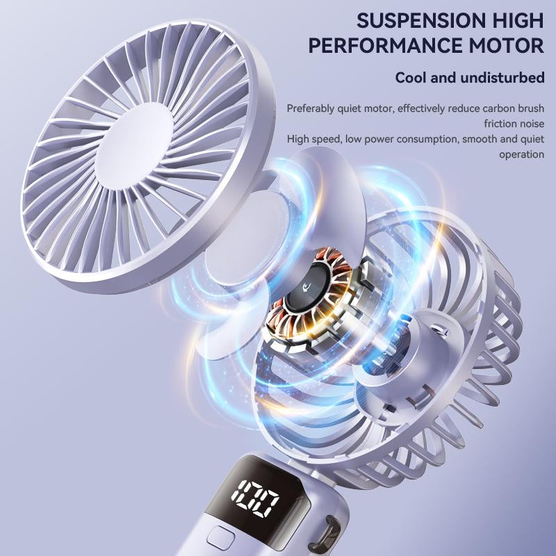 USB Handheld Fan,Portable Fan,1500Mah Rechargeable,180° Foldable Mini Desk Fan with 5 Wind Speed, LCD Digital Remaining Battery Display, Lanyard as Neck Fan, Quiet, Pocket Size for Indoor Outdoor,Can Add Aromatherapy Perfume , with Phone Holder Hand