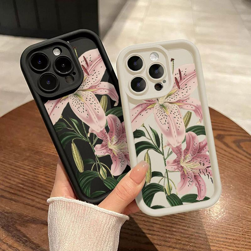 Vintage Floral Lily Pattern TPU Phone Case for Iphone 16 15 14 Pro Max 13 12 11 XR XS plus Shockproof Drop Protection Rugged Durable Silicone Cover Cellphone Protective Flower Casing