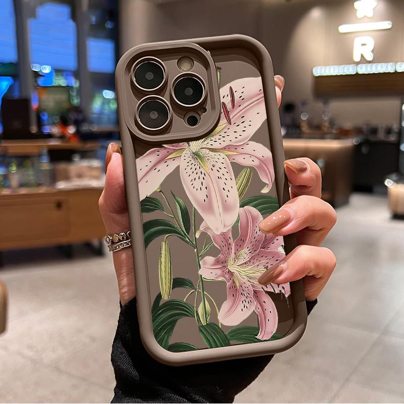 Vintage Floral Lily Pattern TPU Phone Case for Iphone 16 15 14 Pro Max 13 12 11 XR XS plus Shockproof Drop Protection Rugged Durable Silicone Cover Cellphone Protective Flower Casing
