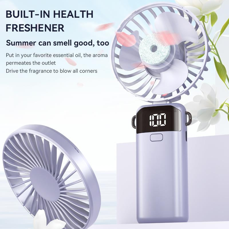 USB Handheld Fan,Portable Fan,1500Mah Rechargeable,180° Foldable Mini Desk Fan with 5 Wind Speed, LCD Digital Remaining Battery Display, Lanyard as Neck Fan, Quiet, Pocket Size for Indoor Outdoor,Can Add Aromatherapy Perfume , with Phone Holder Hand