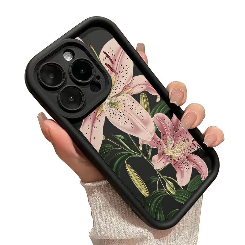 Vintage Floral Lily Pattern TPU Phone Case for Iphone 16 15 14 Pro Max 13 12 11 XR XS plus Shockproof Drop Protection Rugged Durable Silicone Cover Cellphone Protective Flower Casing